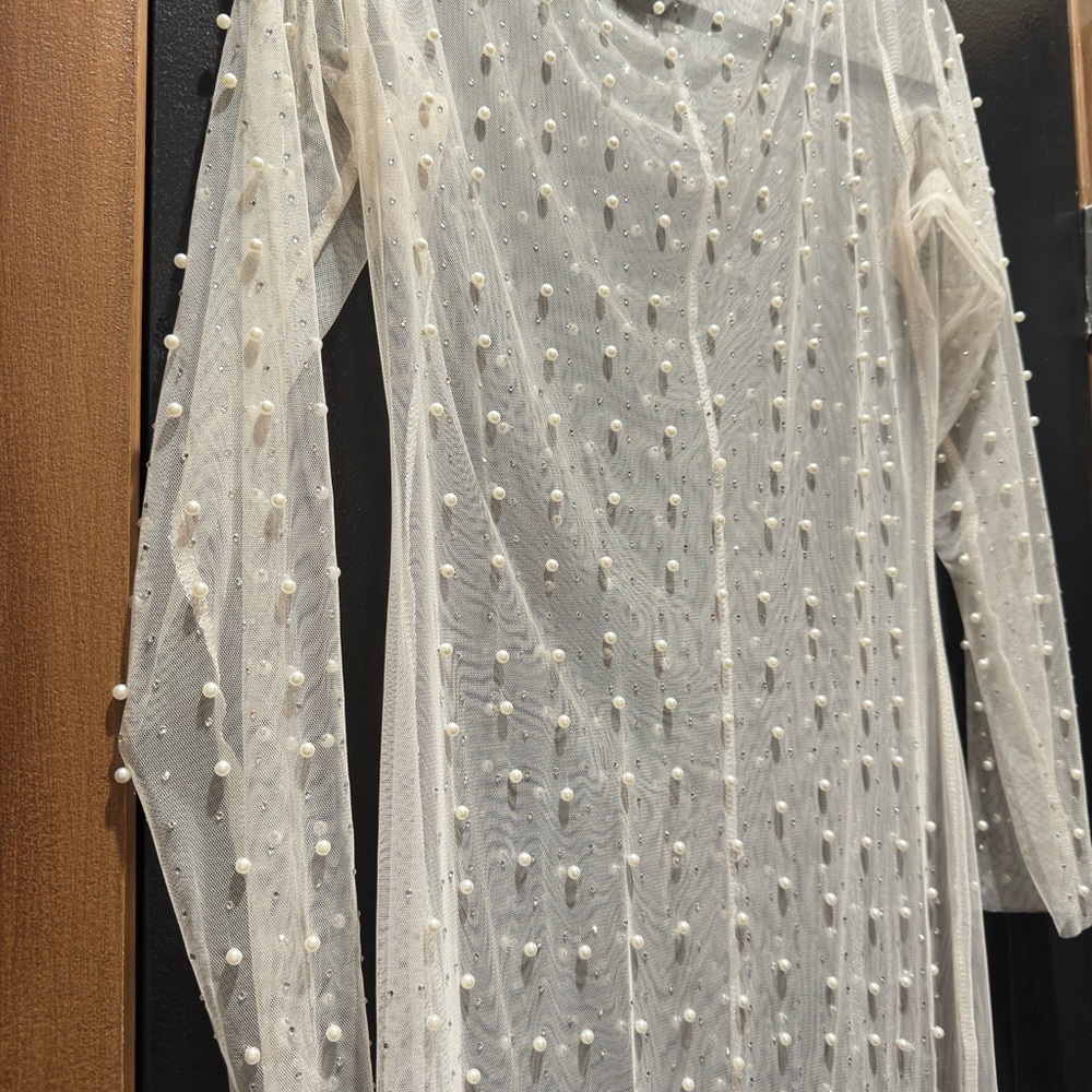 White Pearl-Embellished Mesh Dress